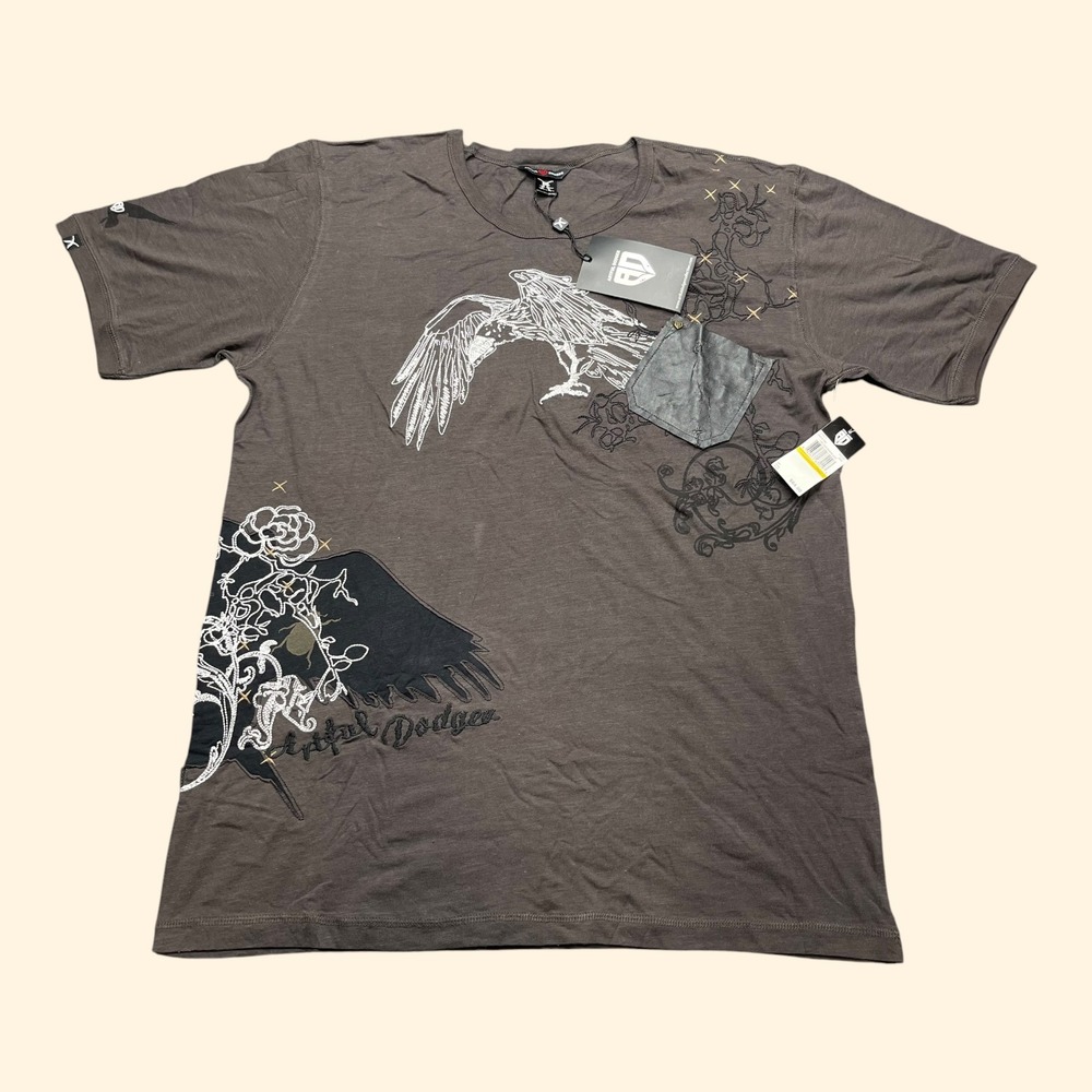 Y2K Deadstock Artful‎ Dodger Mens Circling Ravens Knit Graphic T-Shirt XXL NWT